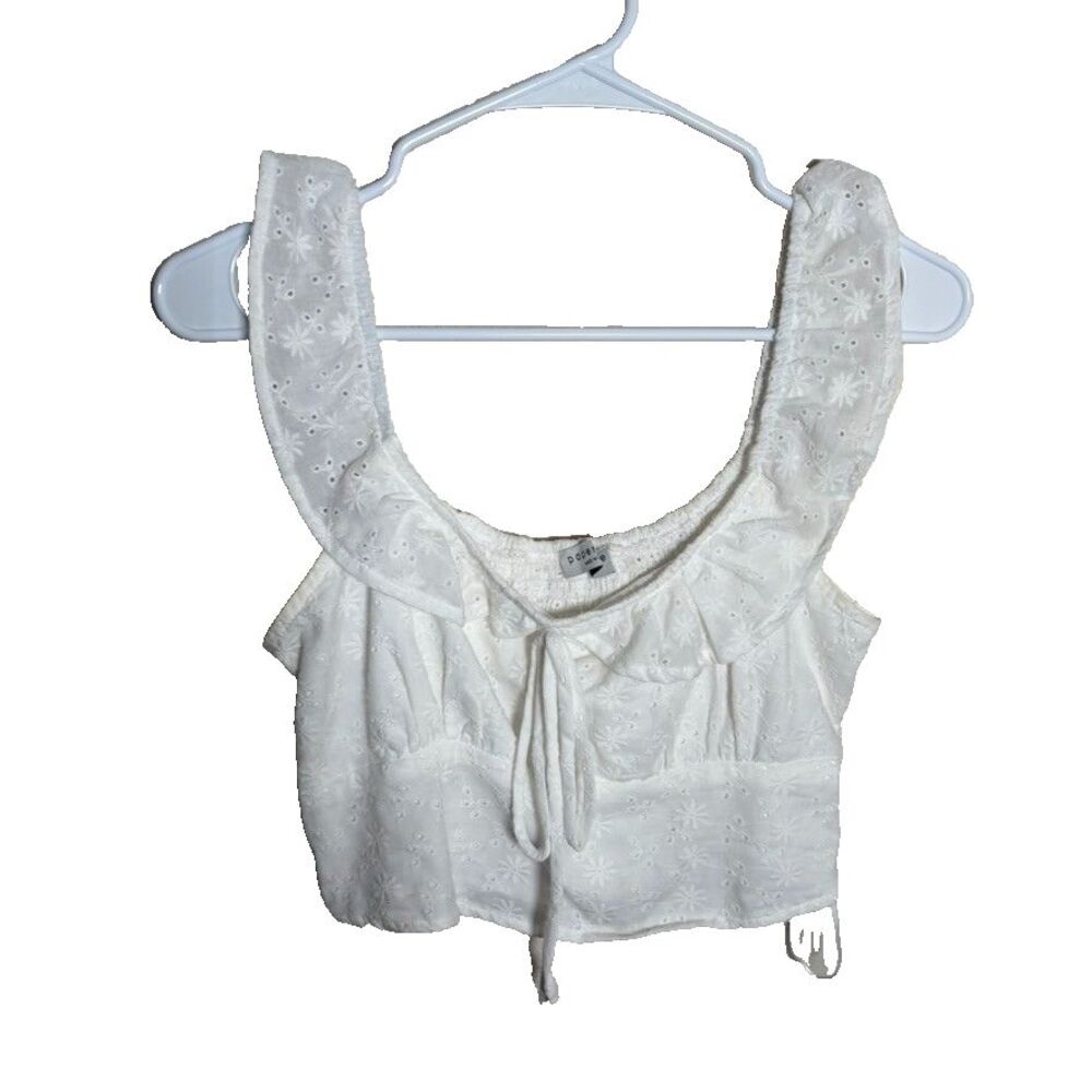 Papercrane Blouse Women's Small White Smocked Cropped Ruffle Cottage Tie Top